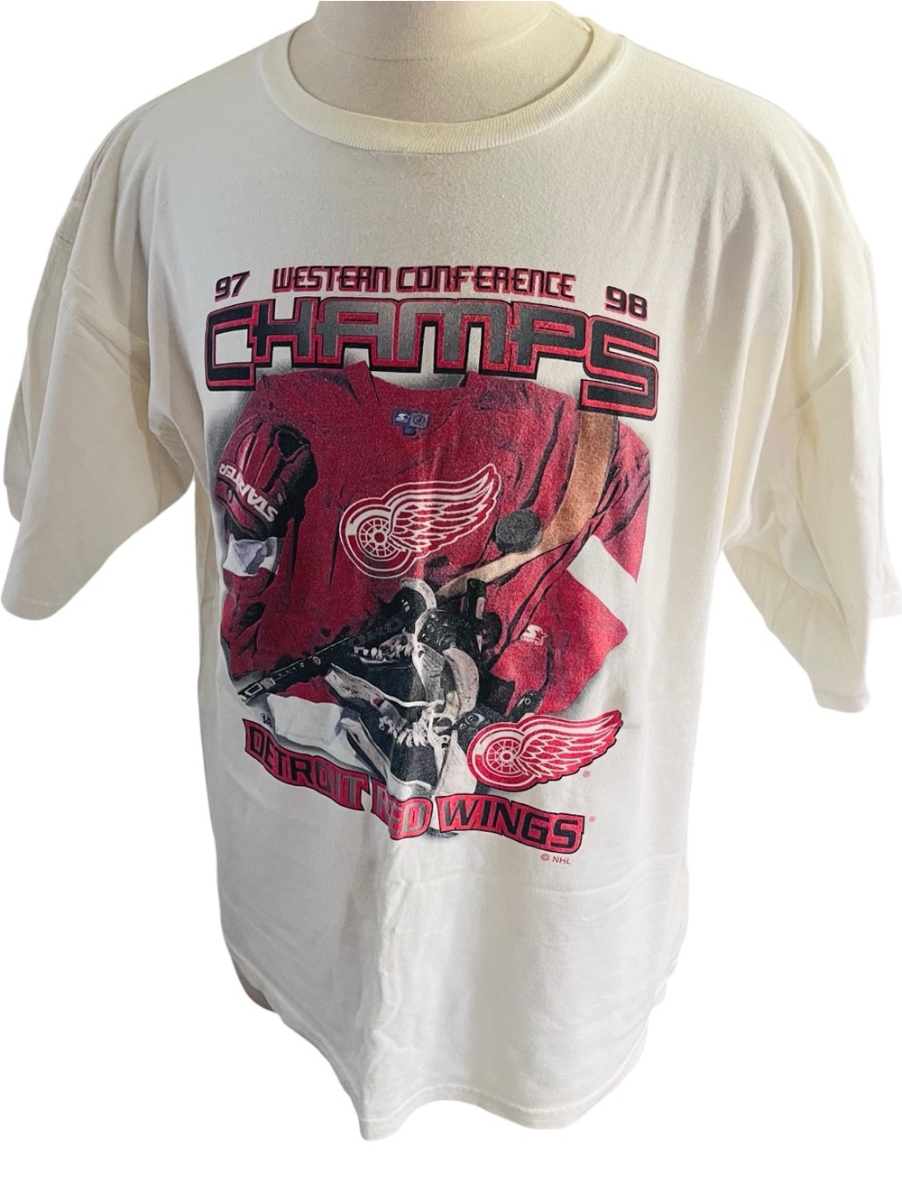 Vtg 1998 Starter Detroit Red Wings White Western Conf Champs T-Shirt Sz XL NHL